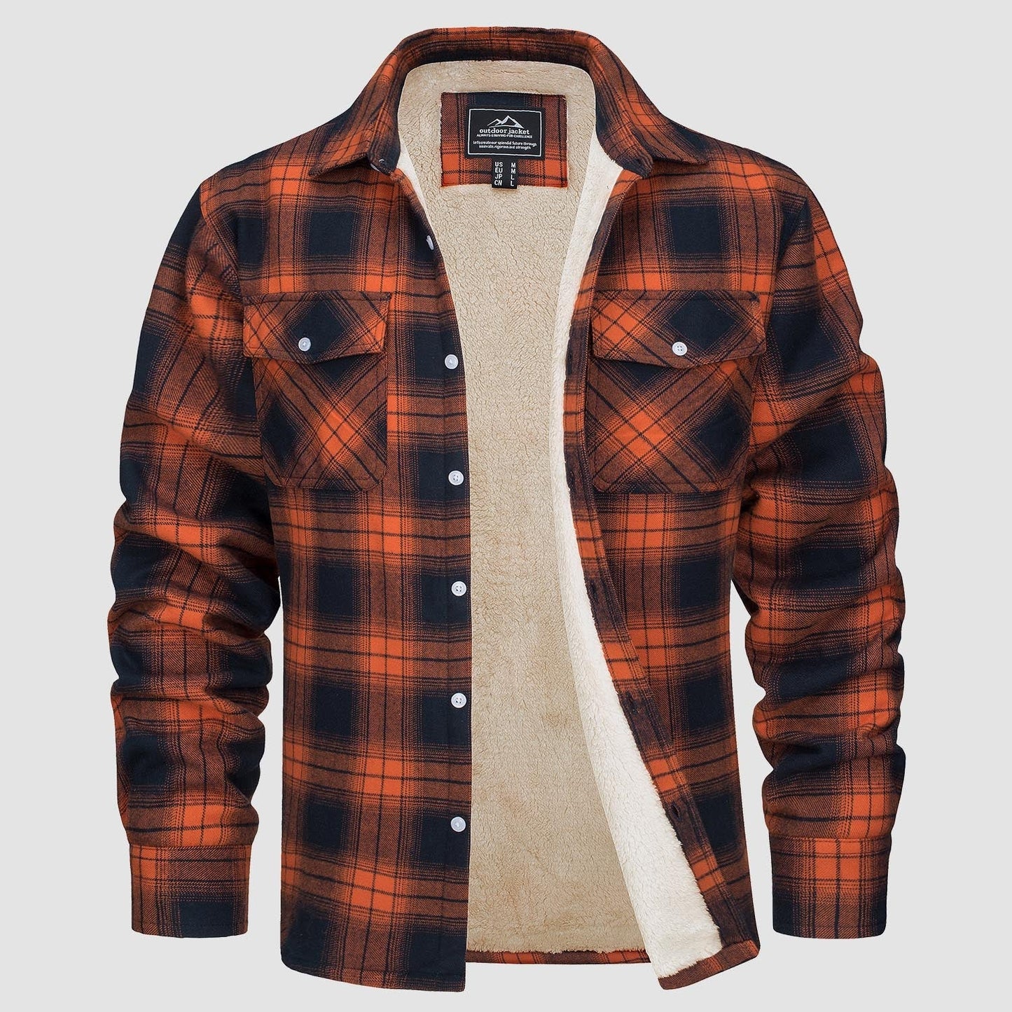 Men's Flannel Shirt Jacket Fleece Lined Cotton Warm Beige