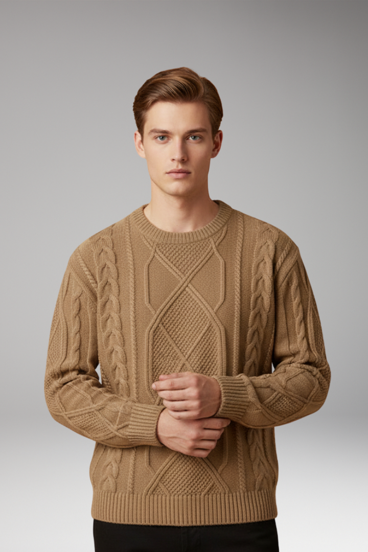 Men's Cable Knit Sweater Ribbed Edges