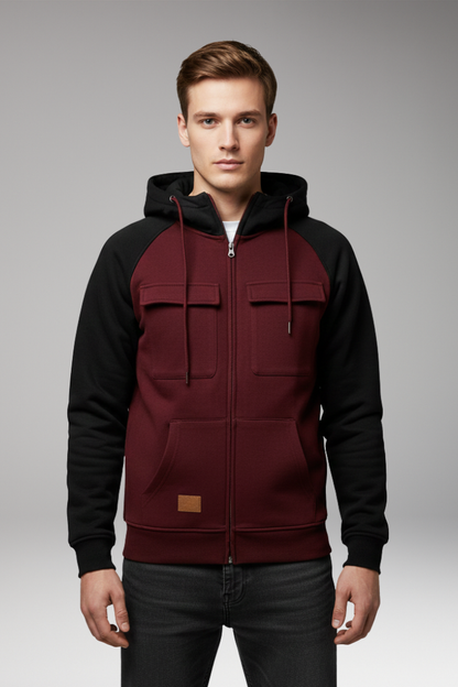 Men's Hooded Jacket Raglan Sleeves Zip Front Sweatshirt