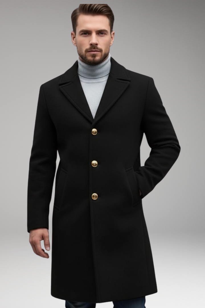 Men's Lapel Collar Long Coat Button Front Closure