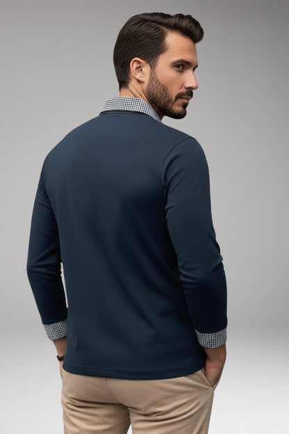 Men's Polo Shirt Plaid Long Sleeve Button Collar
