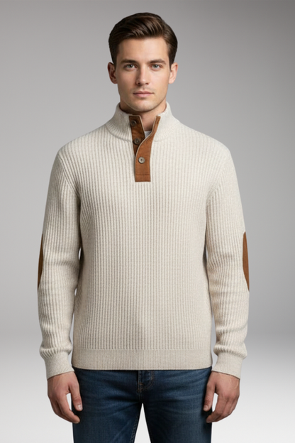 Men's Pullover Sweater Button Neck Elbow Patch