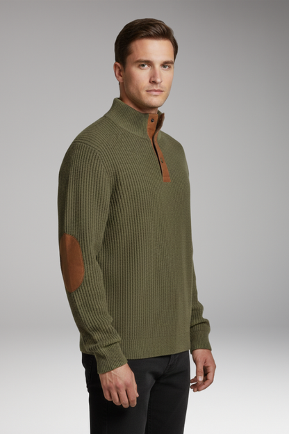Men's Pullover Sweater Button Neck Elbow Patch