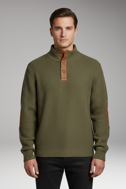 Men's Pullover Sweater Button Neck Elbow Patch