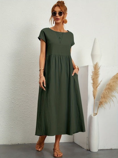 Women's Short Sleeve Round Neck Midi Dress - VibreMode