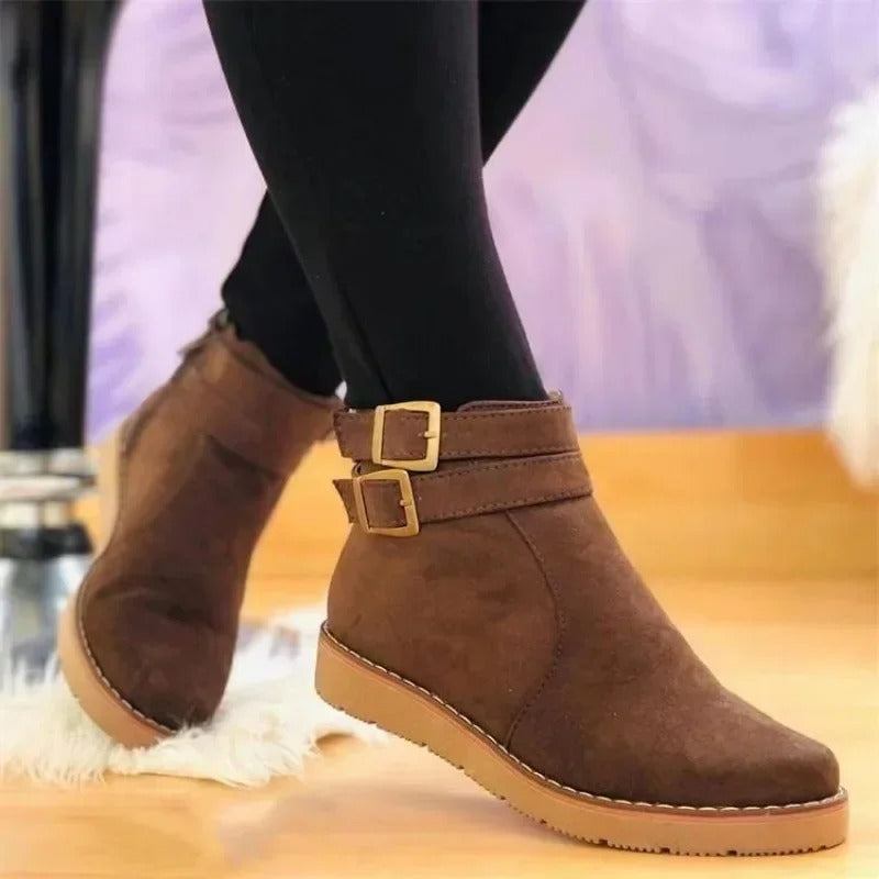 Women's Double Buckle Low Ankle Boots Flat Style