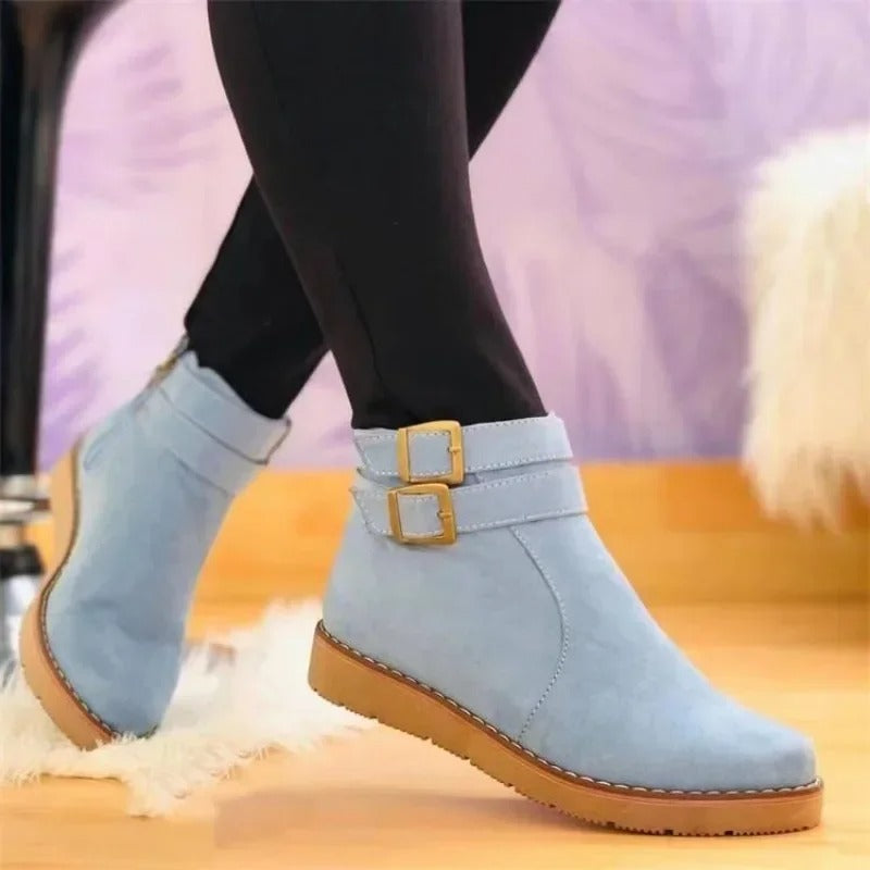 Women's Double Buckle Low Ankle Boots Flat Style