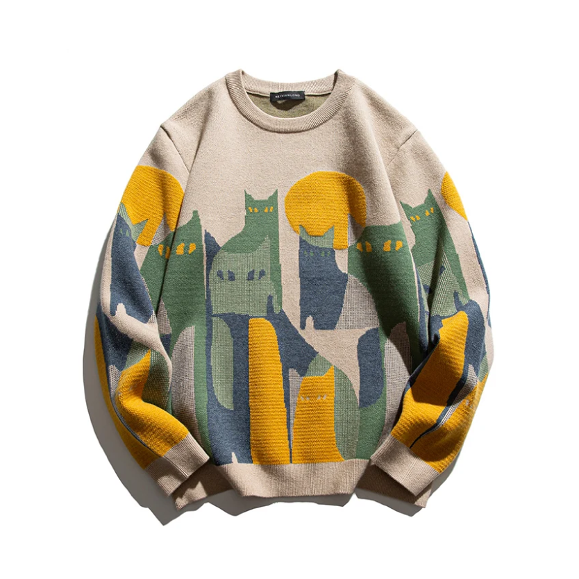 Women's Oversized Cat Graphic Sweater Pullover - VibreMode