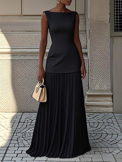 Women's Sleeveless Maxi Dress Pleated Bottom