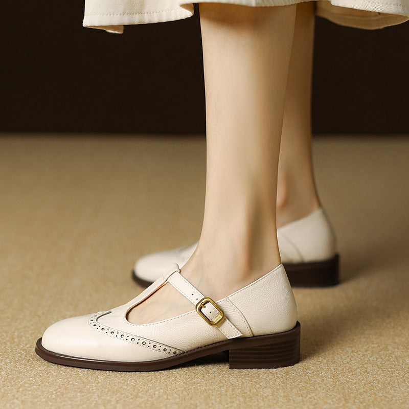 Women's Leather Mary Jane Shoes Low Block Heel - VibreMode