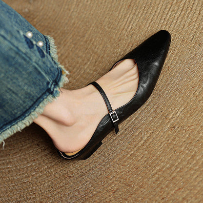 Women's Pointed Toe Flat Mules Single Strap Buckle Black