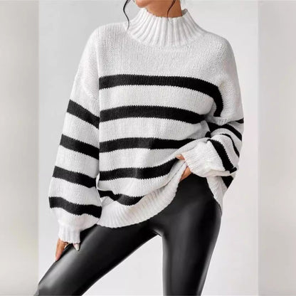 Women's Striped Sweater Ribbed Collar - VibreMode