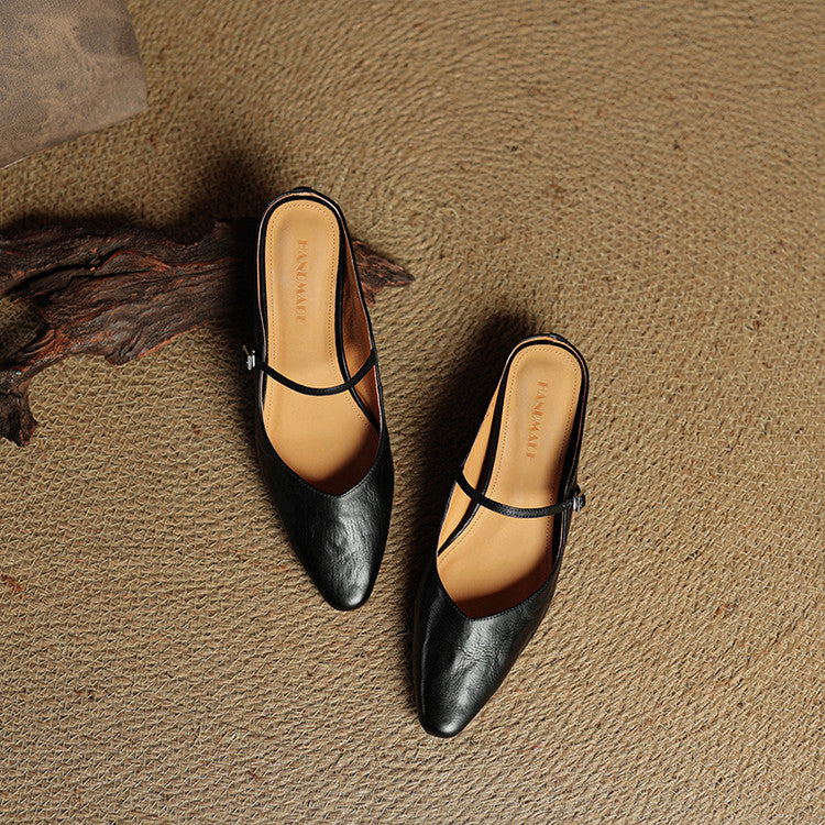 Women's Pointed Toe Flat Mules Single Strap Buckle Black