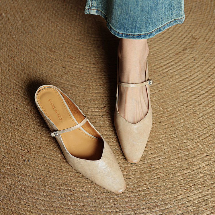 Women's Pointed Toe Flat Mules Single Strap Buckle Black