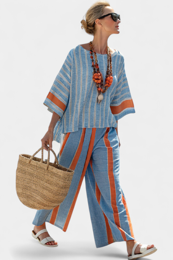 Women's Wide Leg Striped Pants Set - VibreMode