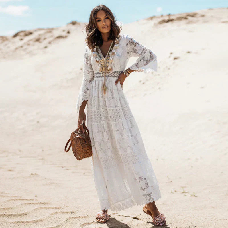 Women's Maxi Dress V-Neck Long Sleeves Tiered