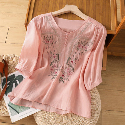 Women's Embroidered Blouse Three-Quarter Sleeves
