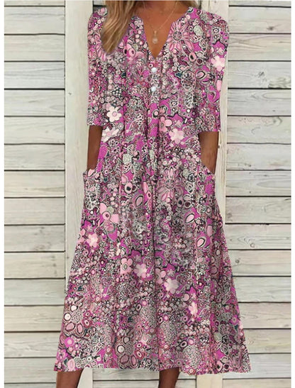 Women's Printed V-Neck Midi Dress