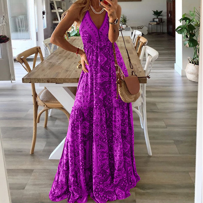 Women's V Neck Maxi Dress Flowy Boho Style