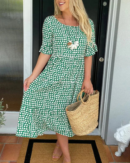 Women's Midi Dress Dot Print Ruffle Sleeves Round Neckline