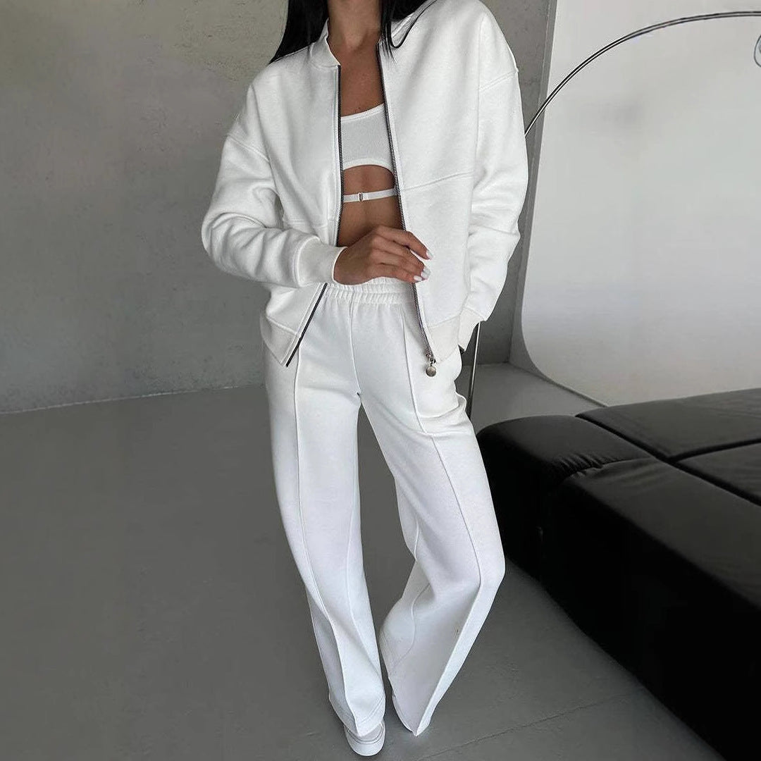 Women's Zipper Jacket And Wide Leg Pants Set