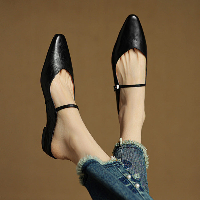 Women's Pointed Toe Flat Mules Single Strap Buckle Black