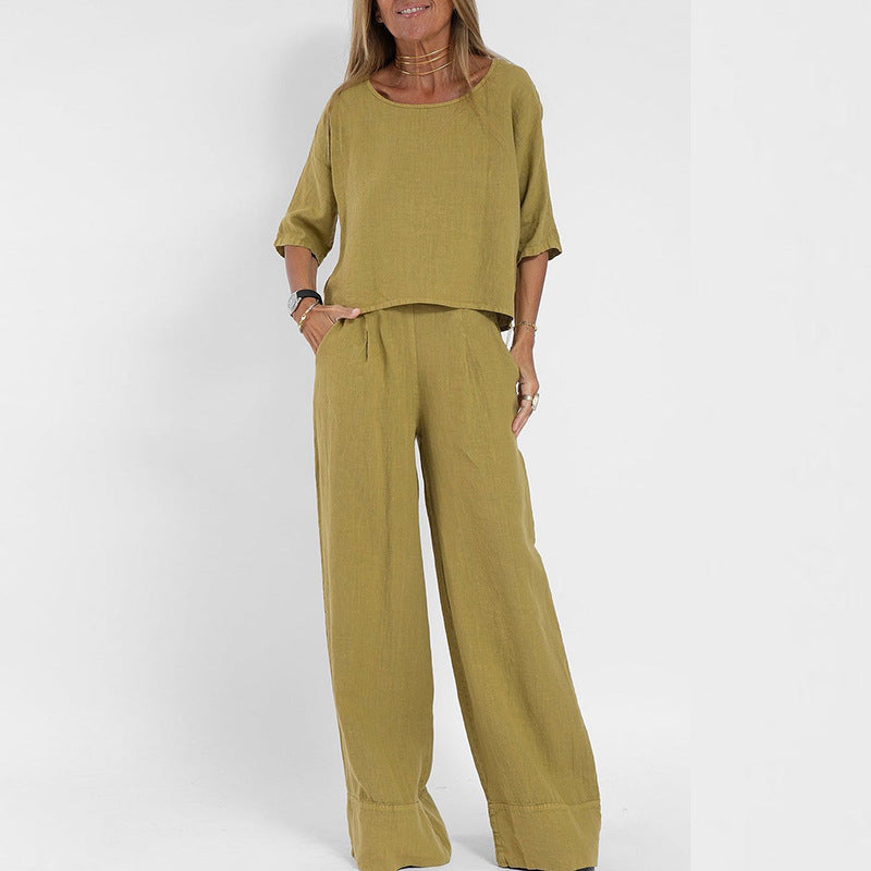 Women's Short Sleeve and Wide Leg Pants Set - VibreMode