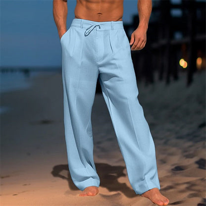 Men's Full-Length Pants Drawstring Waist Cotton Pleated Black