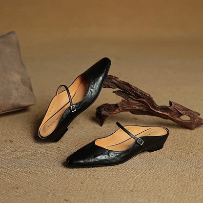 Women's Pointed Toe Flat Mules Single Strap Buckle Black