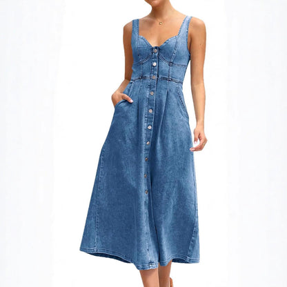 Women's Denim Sleeveless Dress Button Front Blue