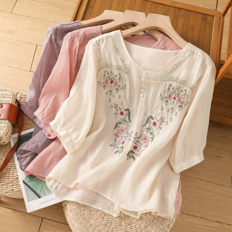 Women's Embroidered Blouse Button Front - VibreMode