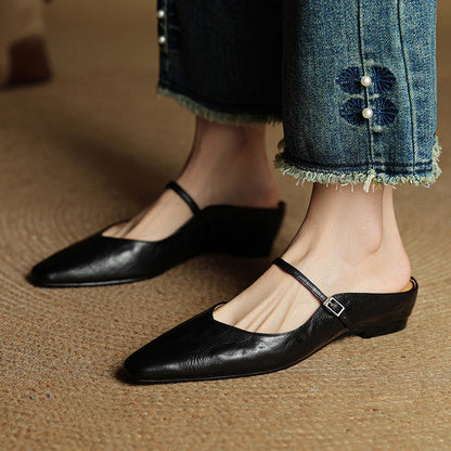 Women's Pointed Toe Flat Mules Single Strap Buckle Black