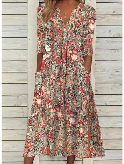 Women's Printed V-Neck Midi Dress - VibreMode
