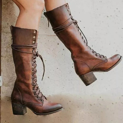 Lace-Up Block Heel Knee-High Boots for Women – Stylish & Supportive Design Caliboot