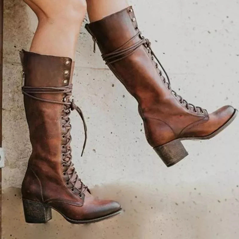 Women's Knee High Lace-Up Boots Chunky Heel Brown