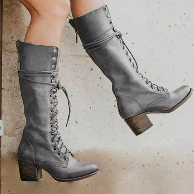 Women's Knee High Lace-Up Boots Chunky Heel Brown