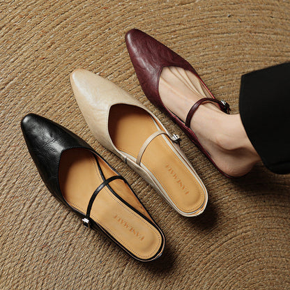 Women's Pointed Toe Flat Mules Single Strap Buckle Black