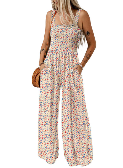 Women's Smocked Jumpsuit Wide Leg Cotton Side Pockets