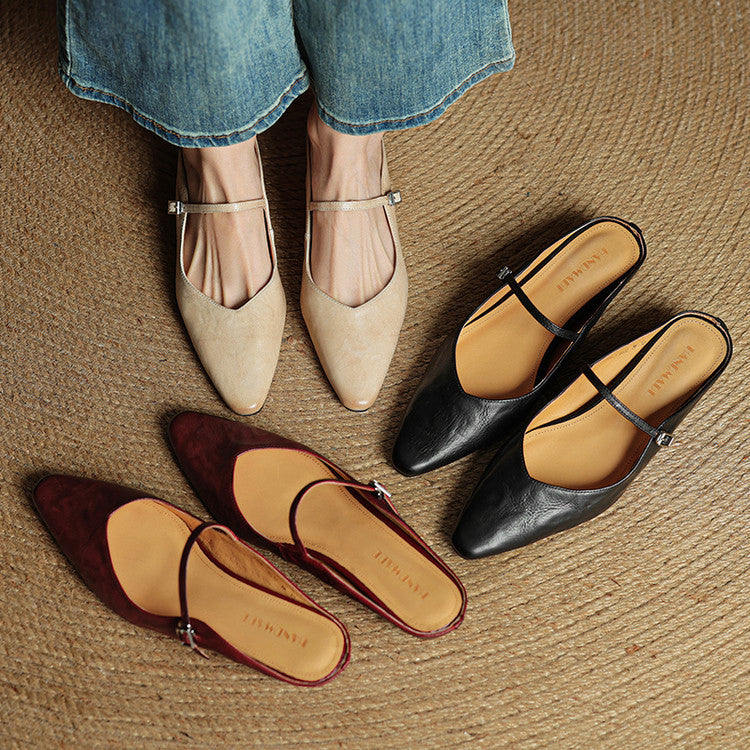 Women's Pointed Toe Flat Mules Single Strap Buckle Black