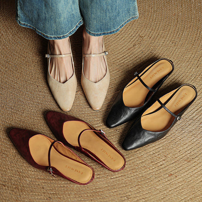Women's Pointed Toe Flat Mules Single Strap Buckle Black