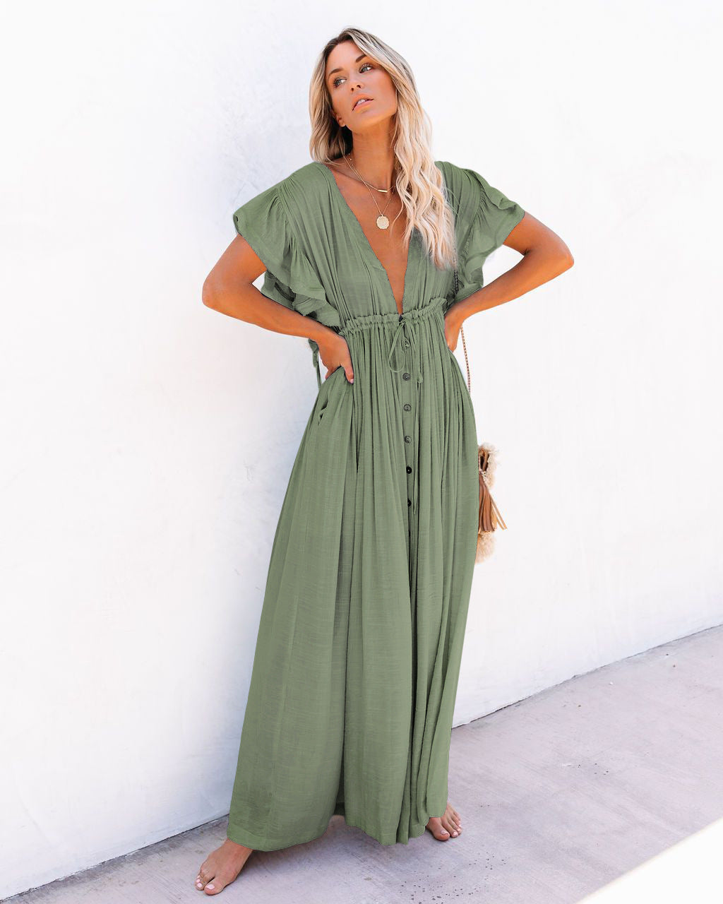 Chic Women's Beachy V Neck Flowy Cover Up Dress