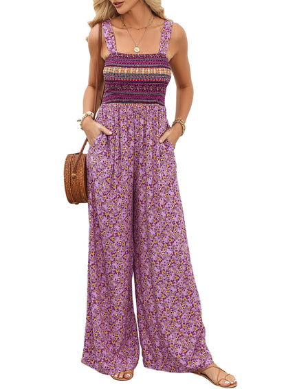 Women's Smocked Jumpsuit Wide Leg Cotton Side Pockets