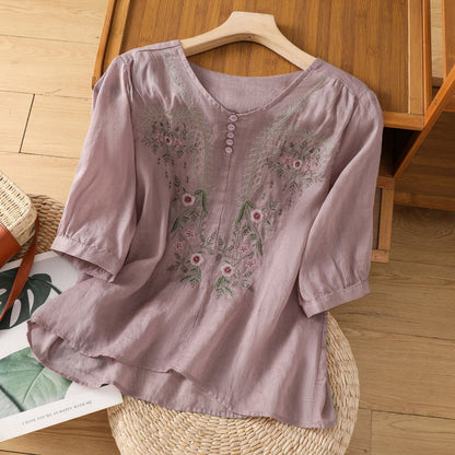 Women's Embroidered Blouse Button Front