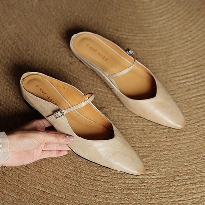 Women's Pointed Toe Flat Mules Single Strap Buckle Black
