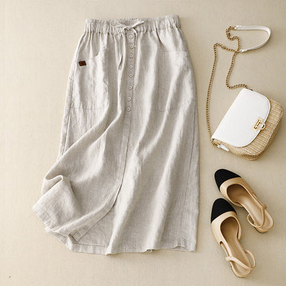 Women's Linen Midi Skirt Button Front with Pockets