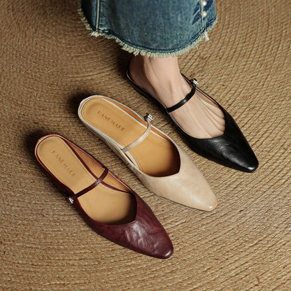 Women's Pointed Toe Flat Mules Single Strap Buckle Black