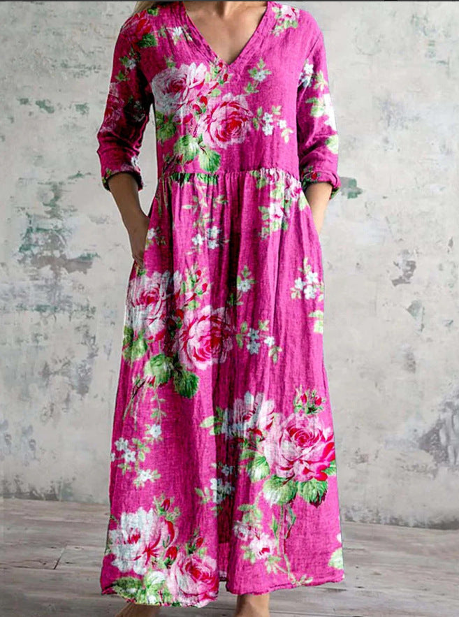 Women's V Neck Floral Midi Dress