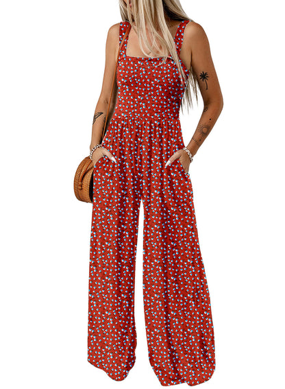 Women's Smocked Jumpsuit Wide Leg Cotton Side Pockets