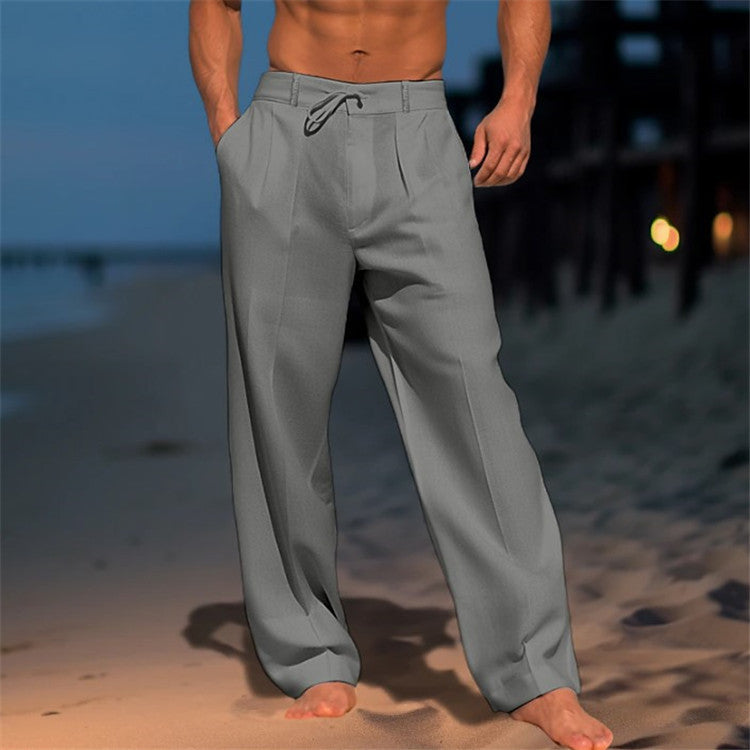 Men's Full-Length Pants Drawstring Waist Cotton Pleated Black