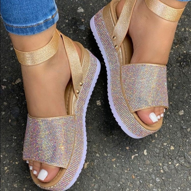 Women's Rhinestone Platform Sandals Chunky Sole Buckle Strap - VibreMode